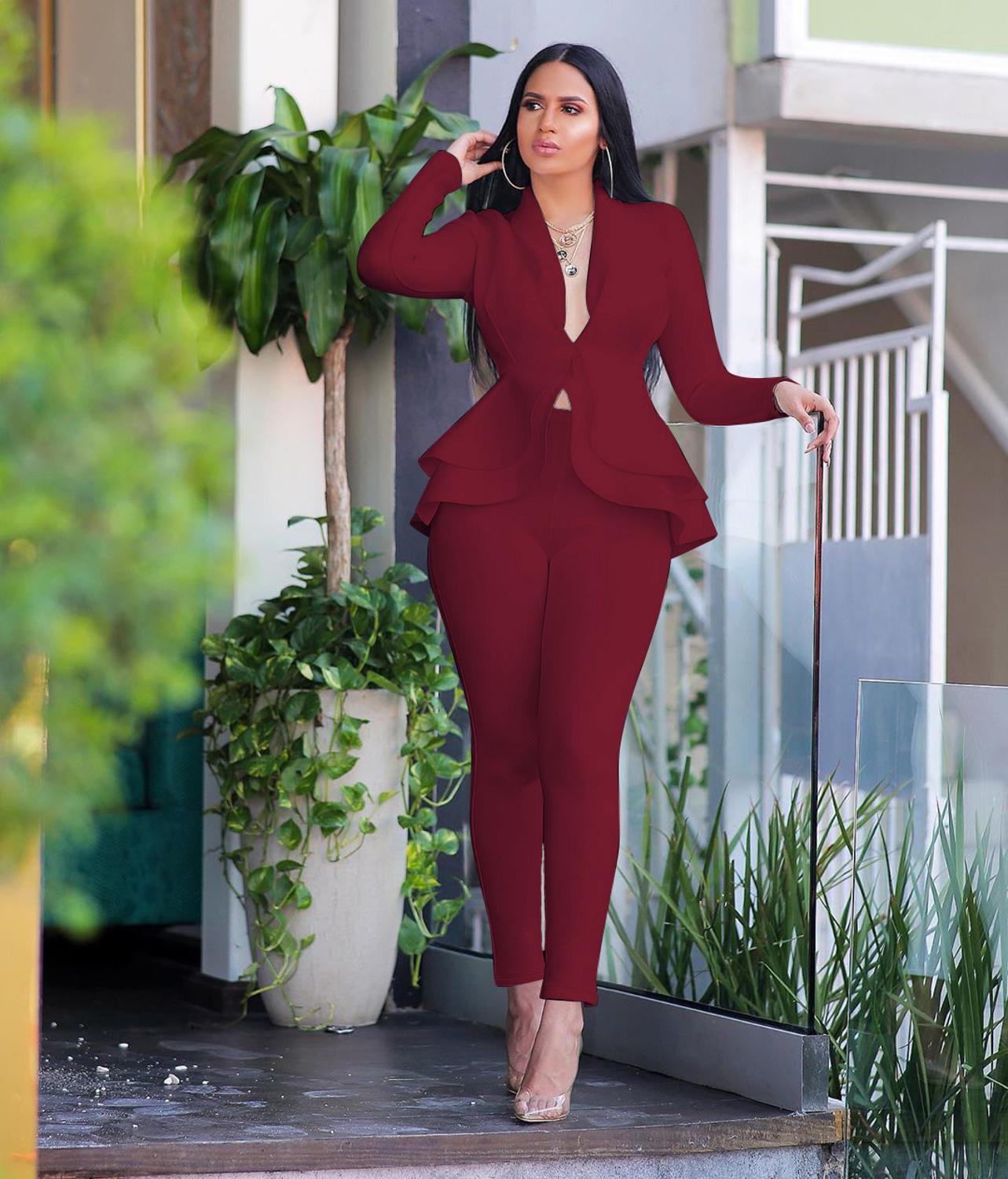 Solid two piece pants suit