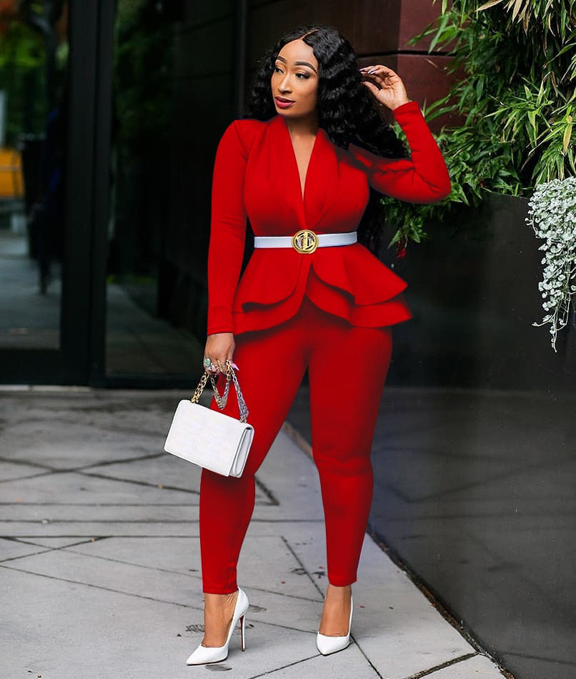Solid two piece pants suit