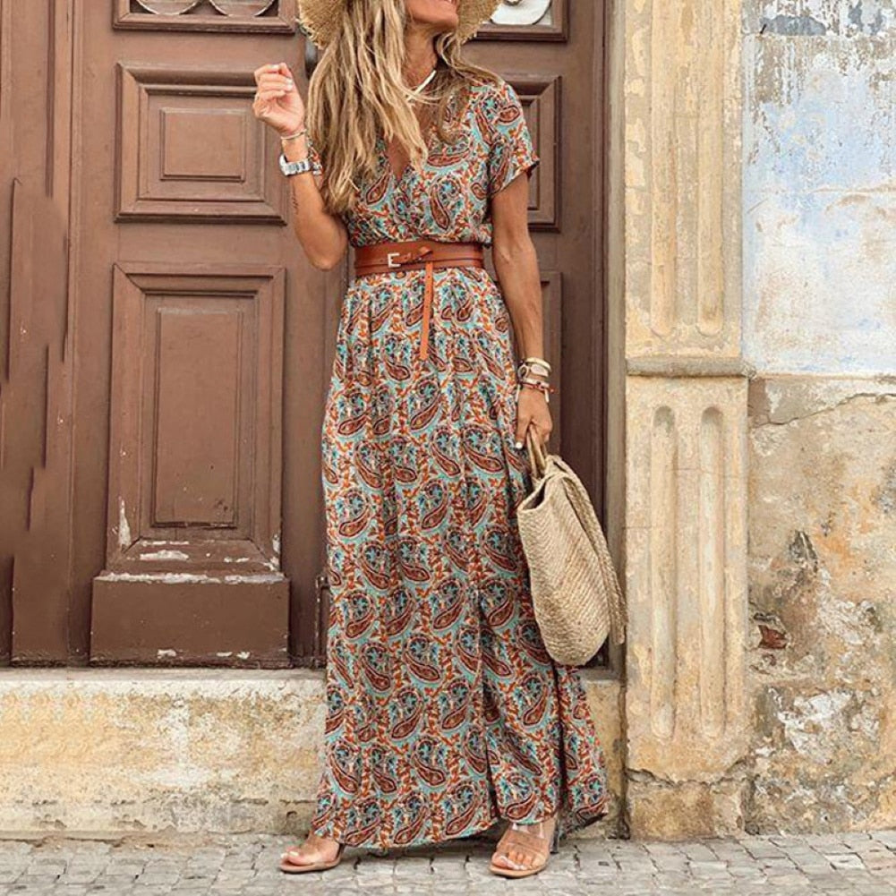 HOT SALE!! Boho Women V Neck Paisley Print with Belt