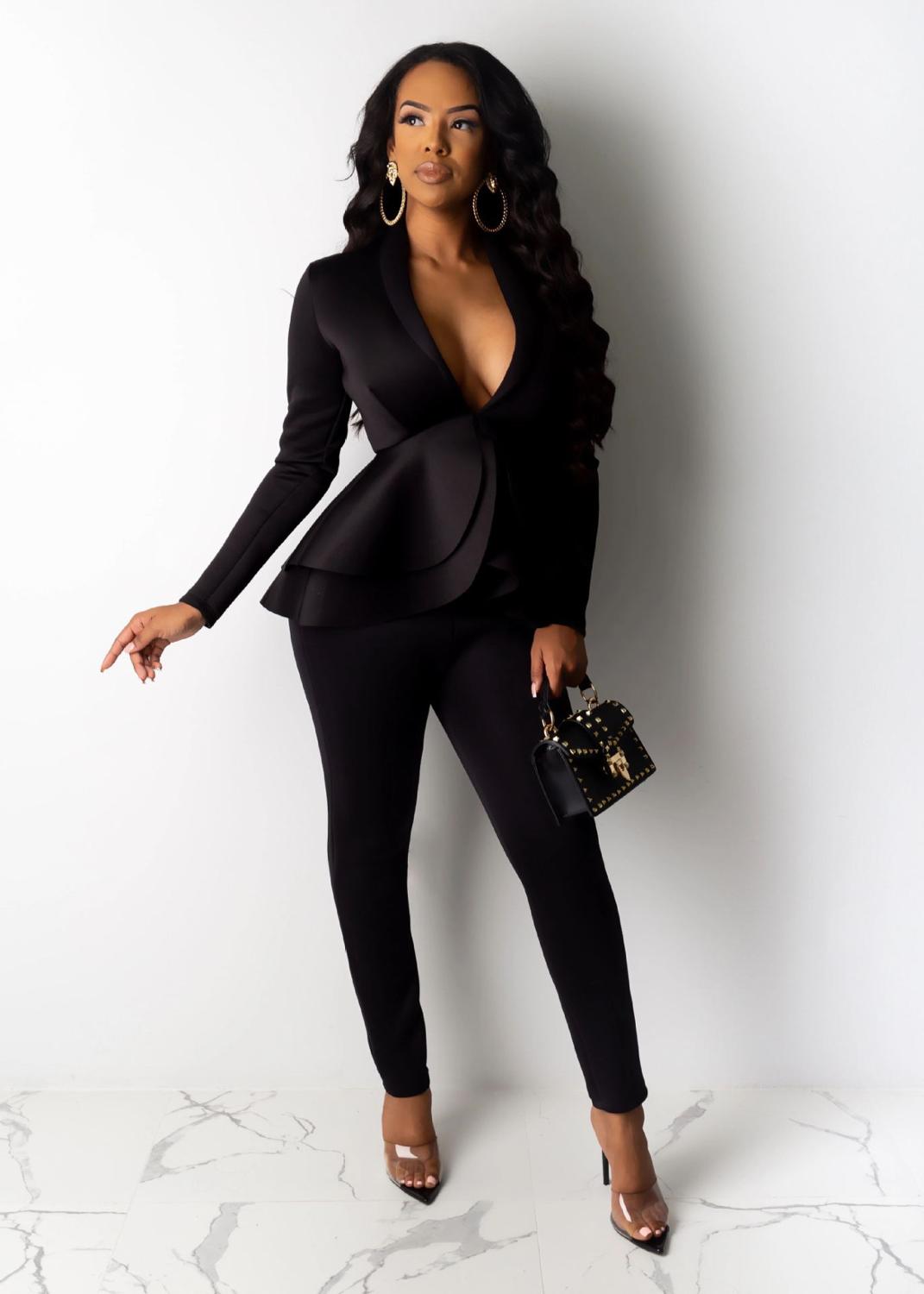 Solid two piece pants suit