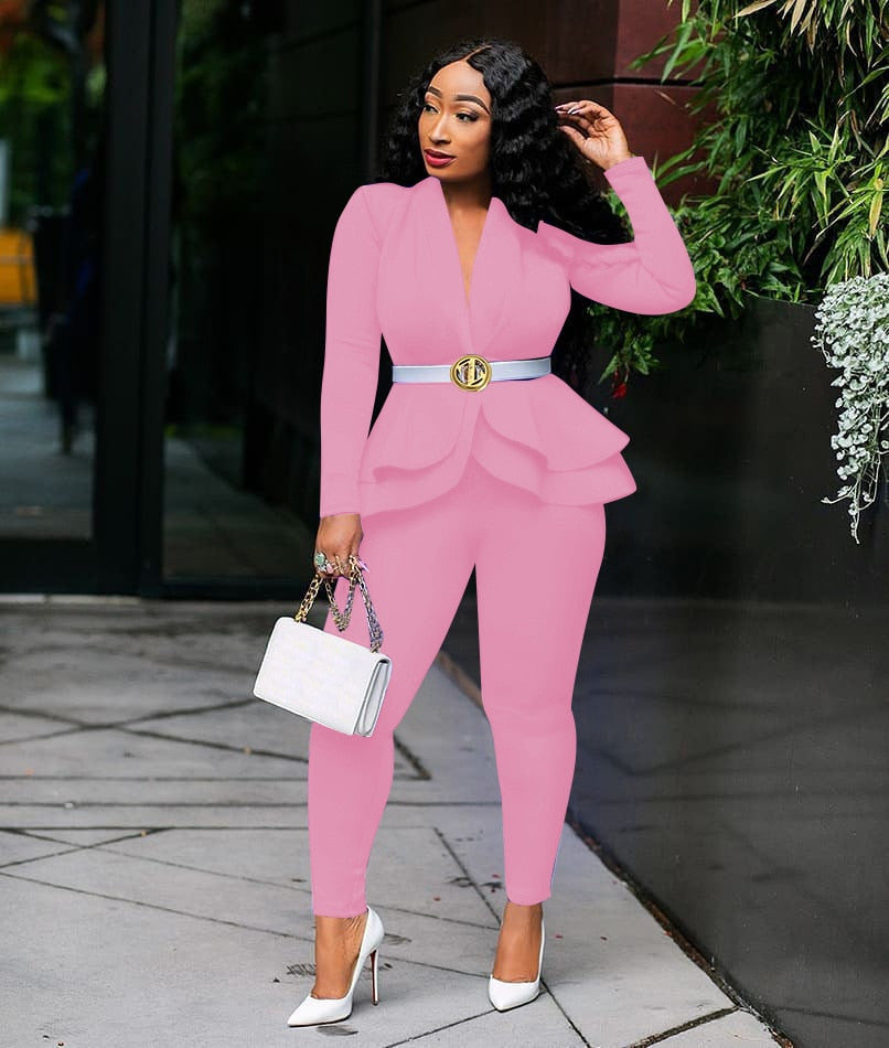 Solid two piece pants suit