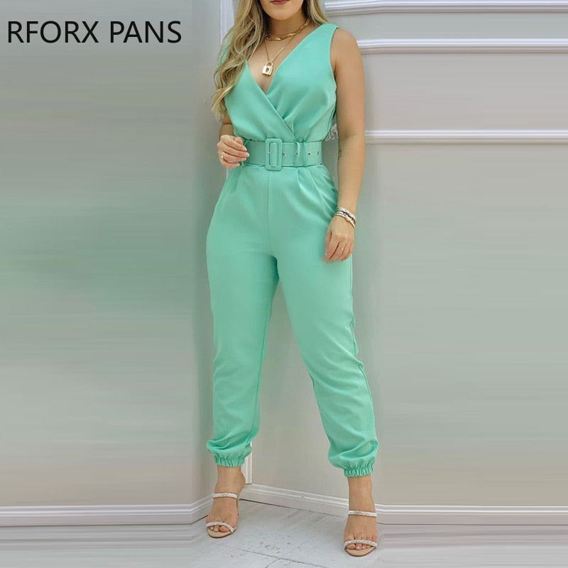 Soild Sleeveless Pocket Design Backless Jumpsuit with Belt