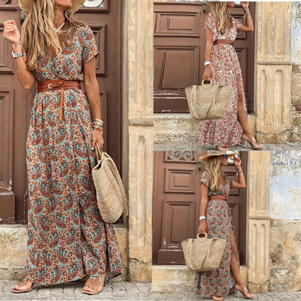 HOT SALE!! Boho Women V Neck Paisley Print with Belt