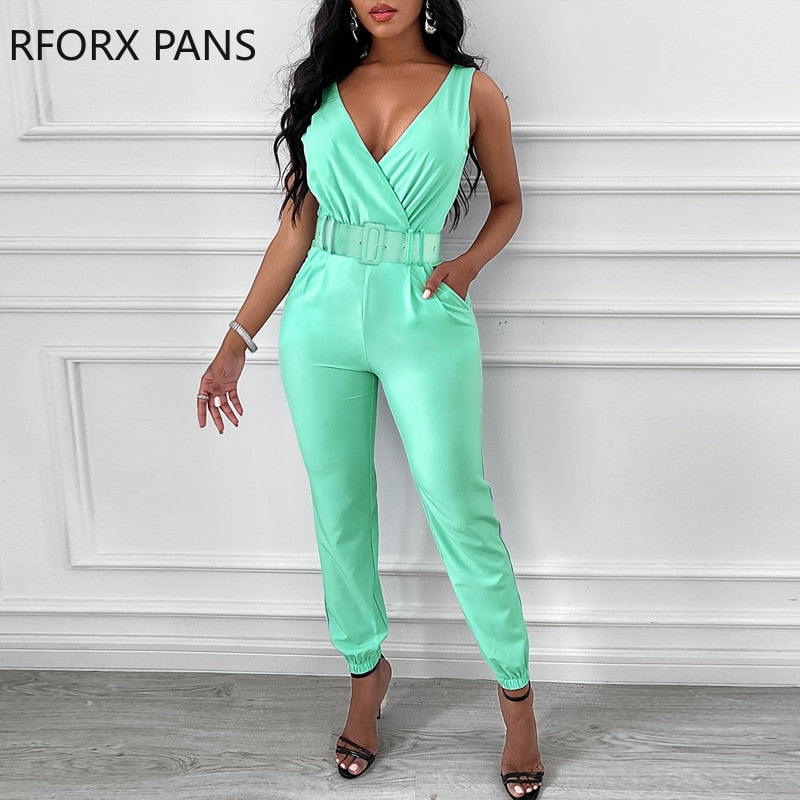 Soild Sleeveless Pocket Design Backless Jumpsuit with Belt