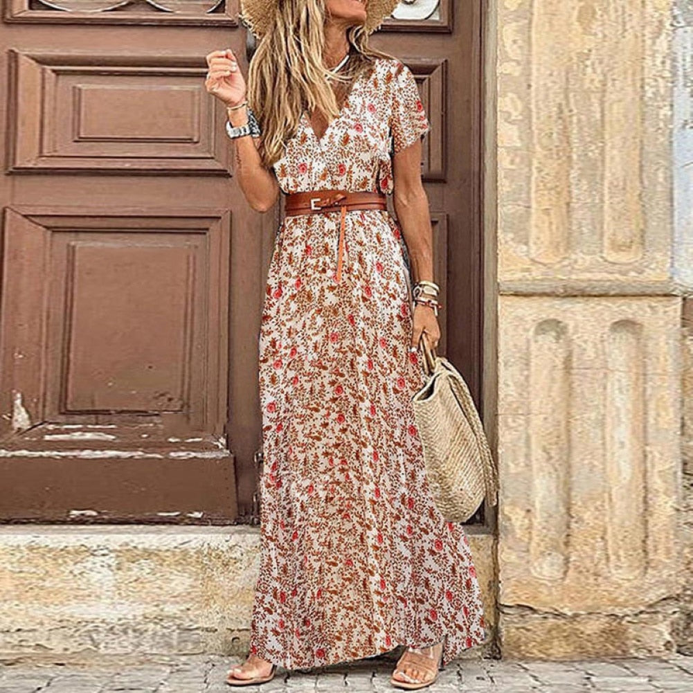 HOT SALE!! Boho Women V Neck Paisley Print with Belt