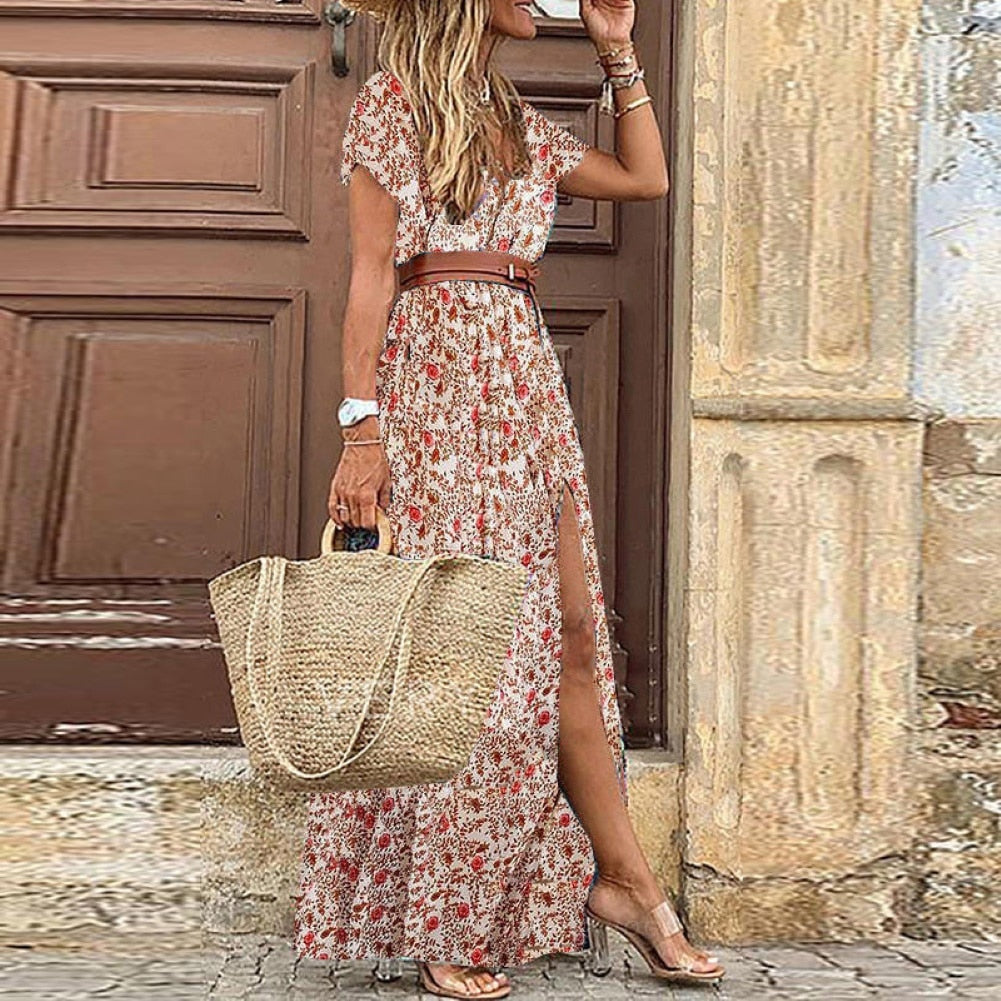 HOT SALE!! Boho Women V Neck Paisley Print with Belt