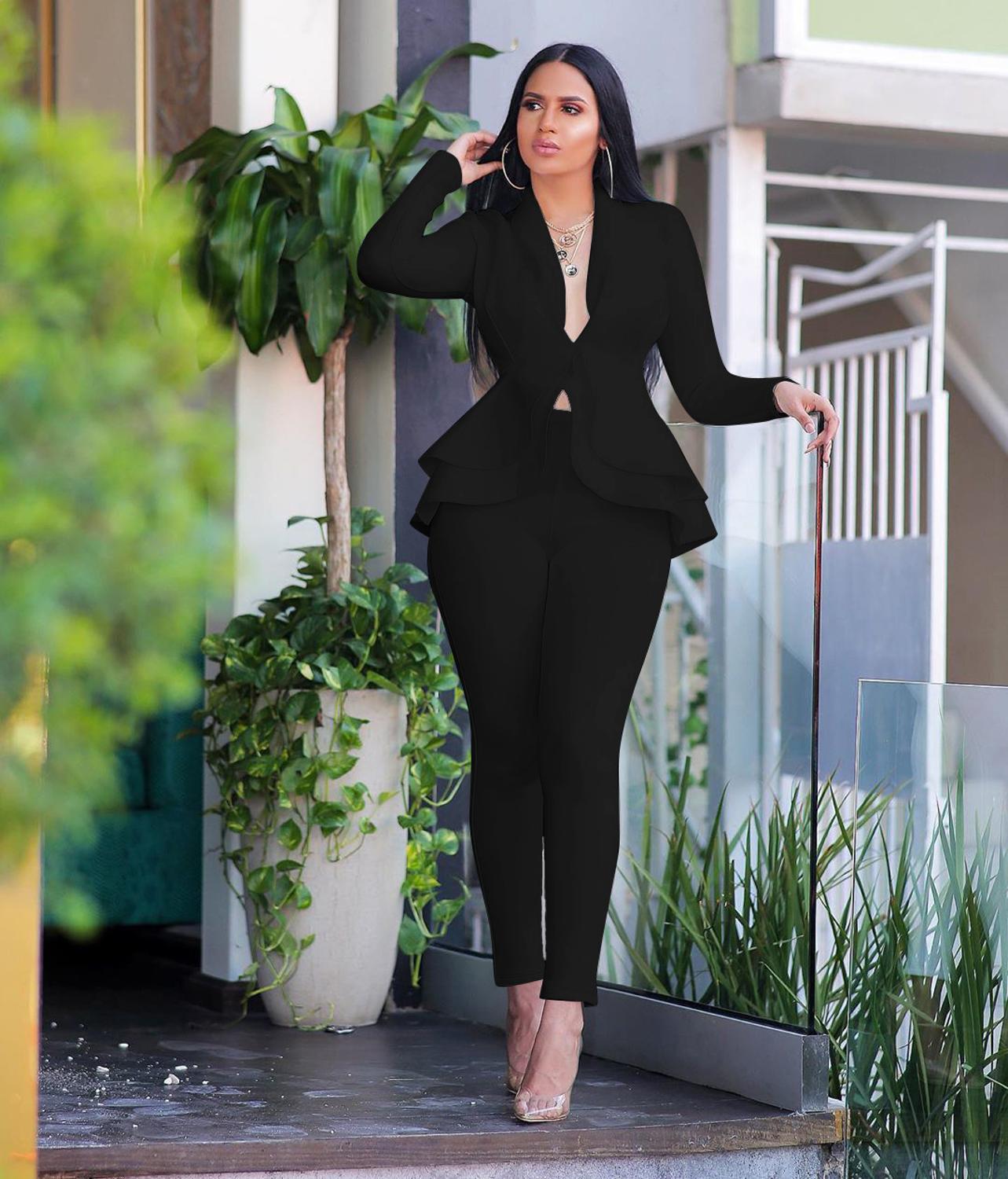 Solid two piece pants suit