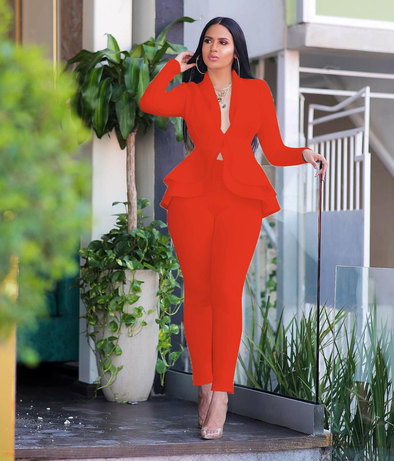 Solid two piece pants suit