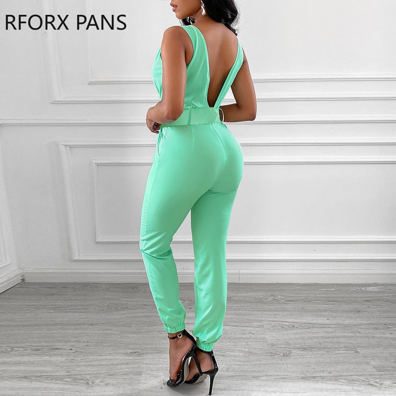 Soild Sleeveless Pocket Design Backless Jumpsuit with Belt