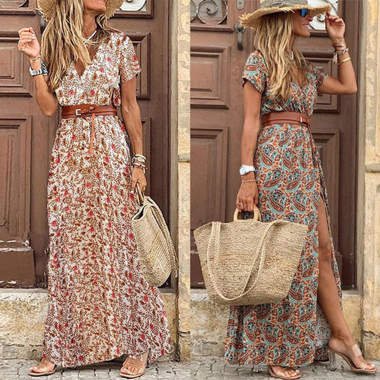 HOT SALE!! Boho Women V Neck Paisley Print with Belt