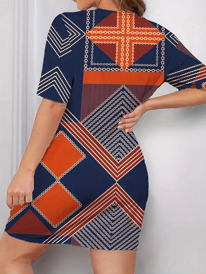 Line pattern short-sleeved dress